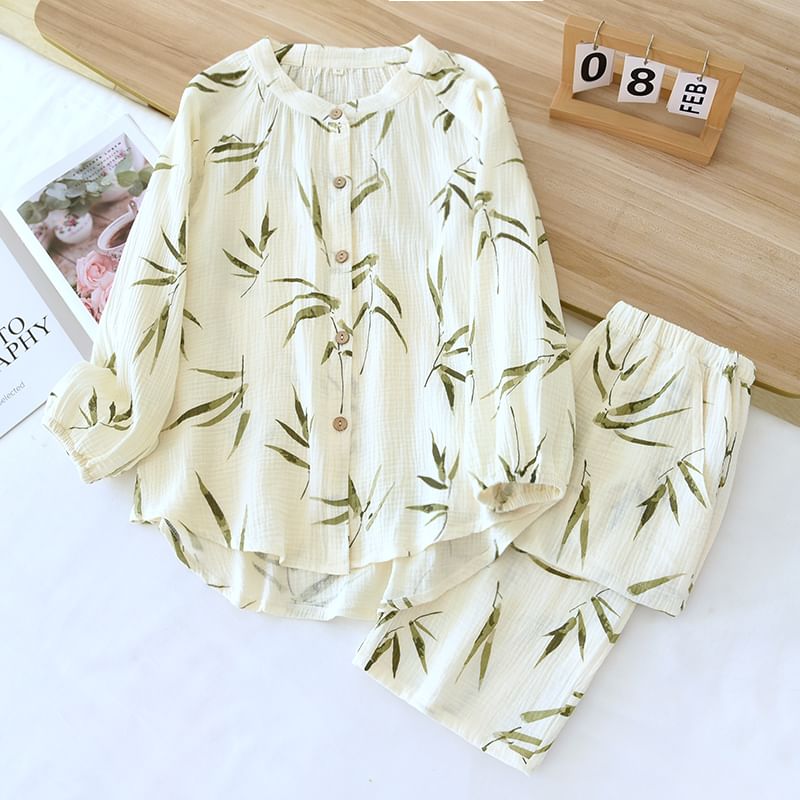 MelMount - Pyjamaset: Lange mouwen ronde hals top met bamboeprint en knoopjes + broek