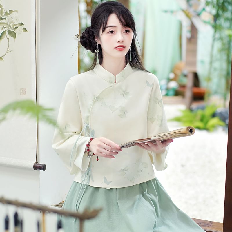 Fioridi - Hanfu-top met lange mouwen en bloemenprint en strik / Midi-A-lijn rok met hoge taille