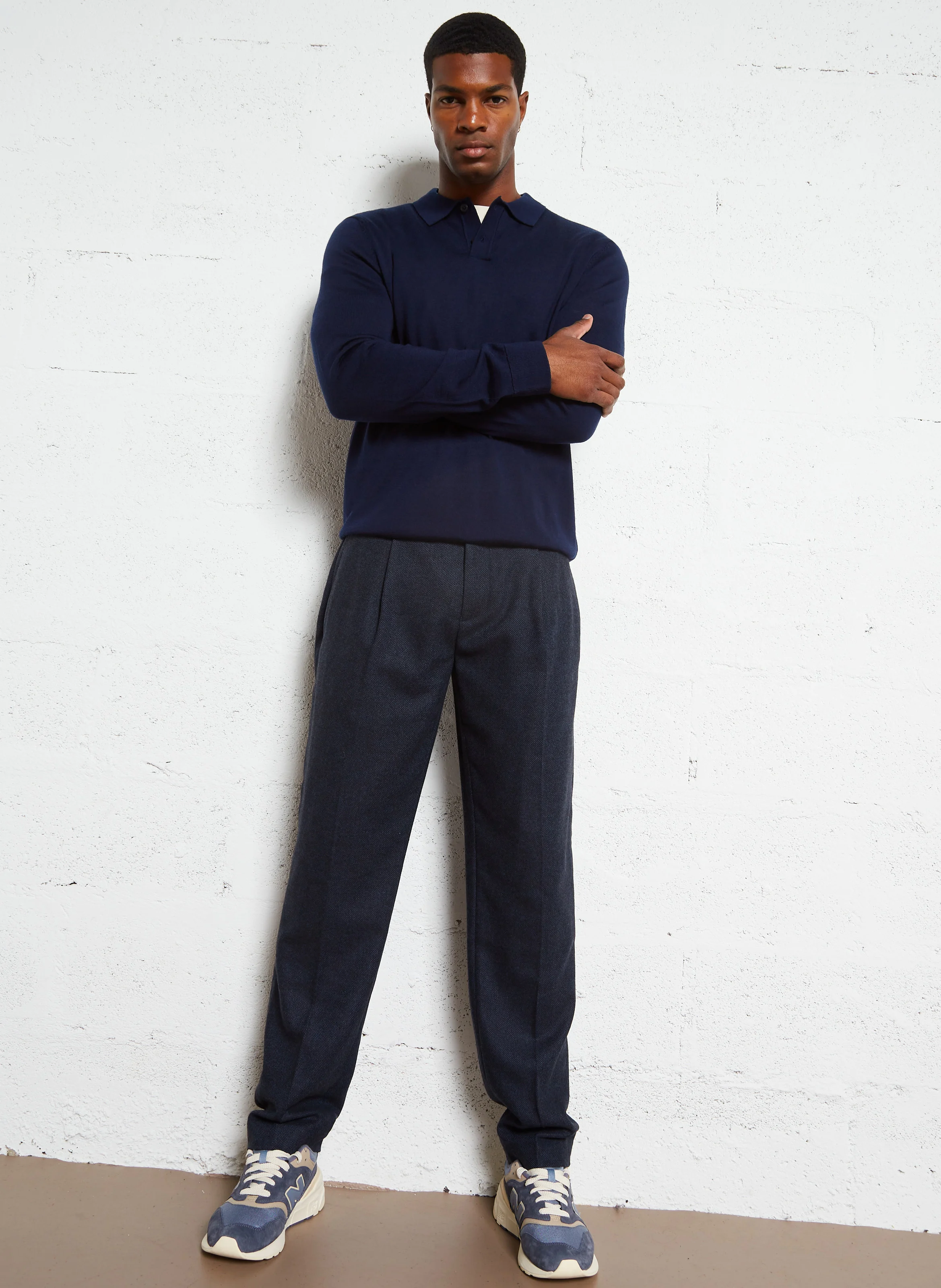 TRAY - Pull droit col polo en laine mérinos | Bleu