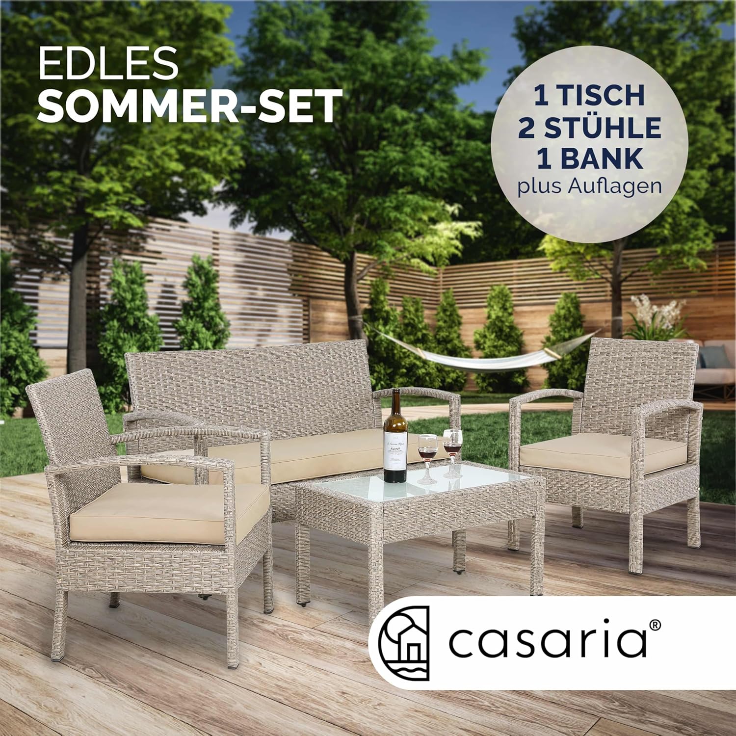 Casaria® Gartenmöbel Set Wetterfest 4 Personen Outdoor inkl. Auflagen Polyrattan 2 Sessel Gartenbank Tisch Garten Terrasse Balkon Möbel Lounge Creme
