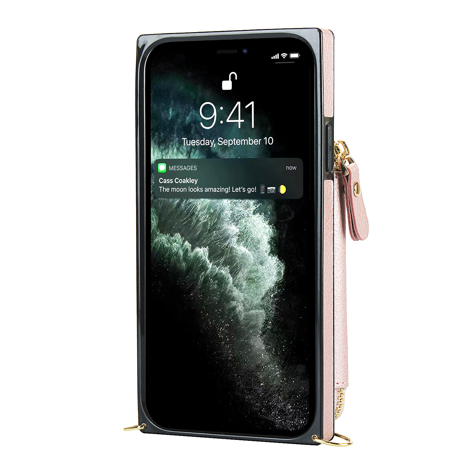 iPhone 11 Necklace Leder Schutz Hülle mit Kartenfächer   Handykette (140cm) - Roségold