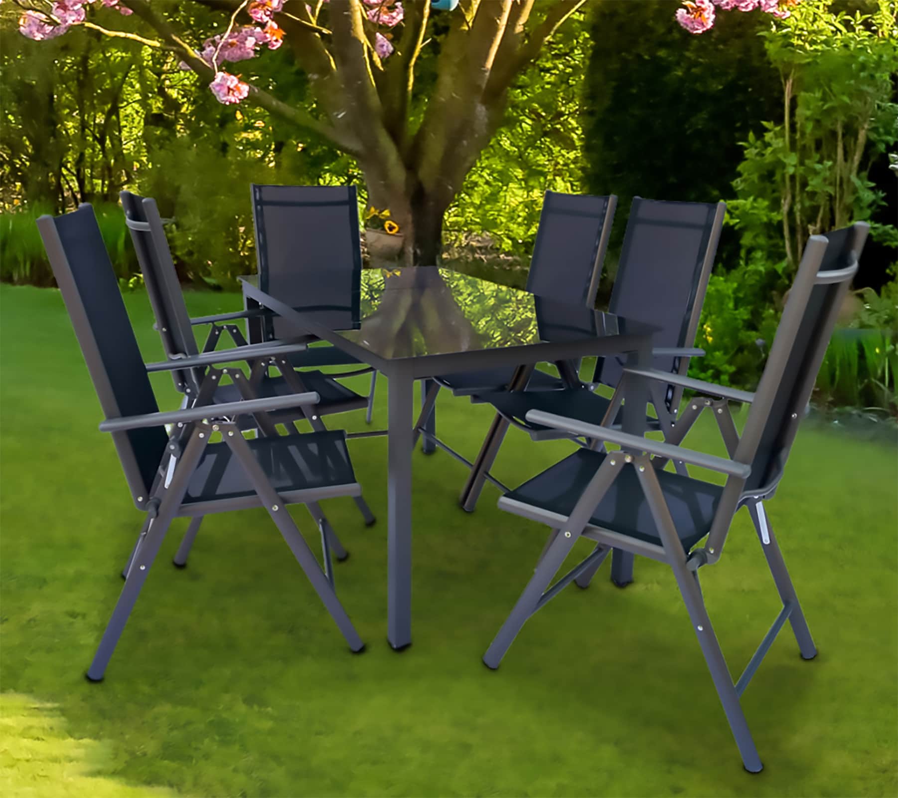 VCM 7 tlg. Set Gartenmöbel Alu Glas Gartenset Sitzgruppe Essgruppe Tisch Stühle 190 SW