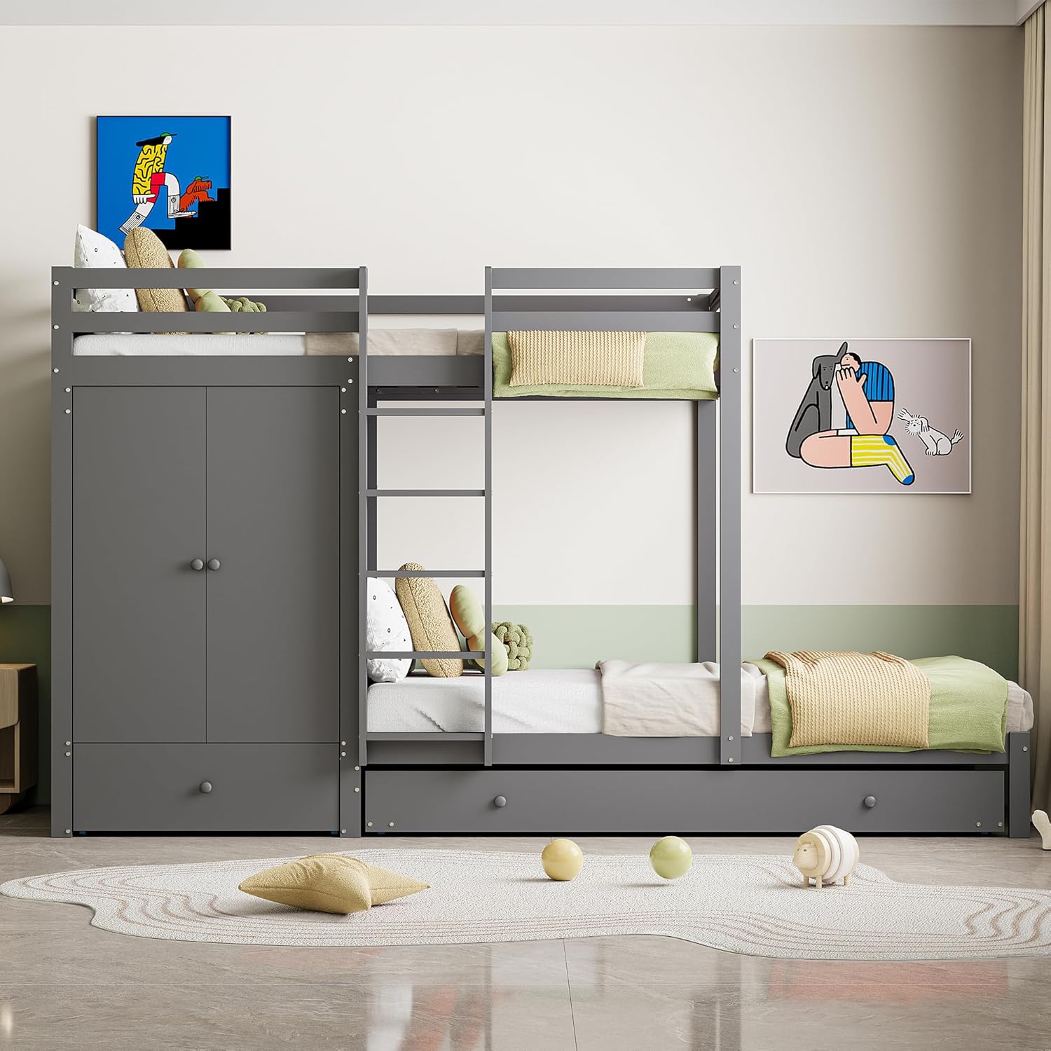 Etagenbett 90 x 200cm,Jungenbett aus Massivholz mit Ausziehbett 90x190cm, multifunktionales Kinderbett mit Kleiderschrank, Schubladen und Ablagefach (Grau)