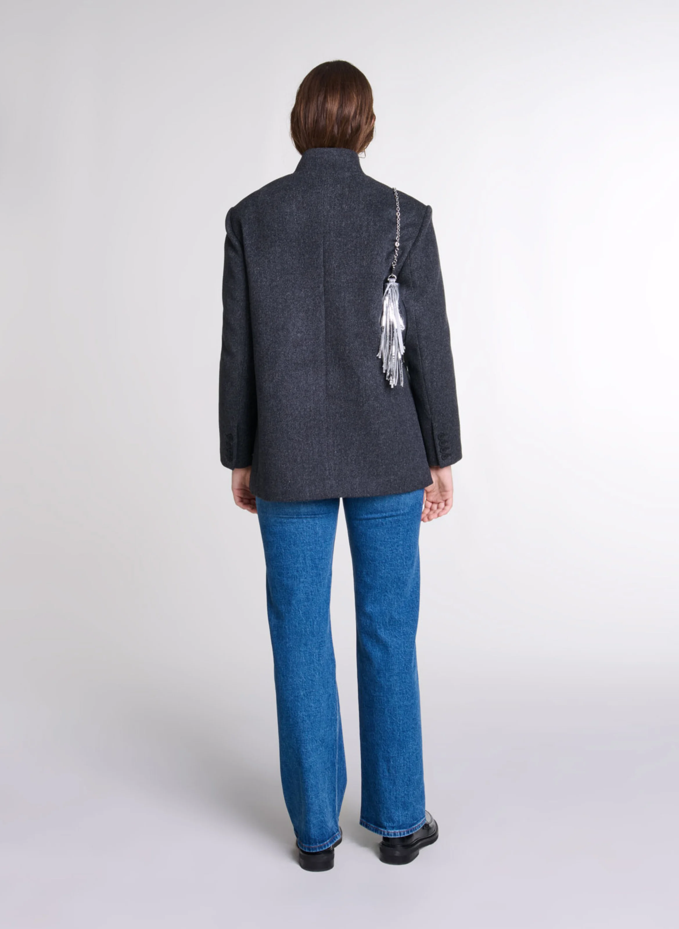 Manteau droit col montant en laine mélangée | Gris