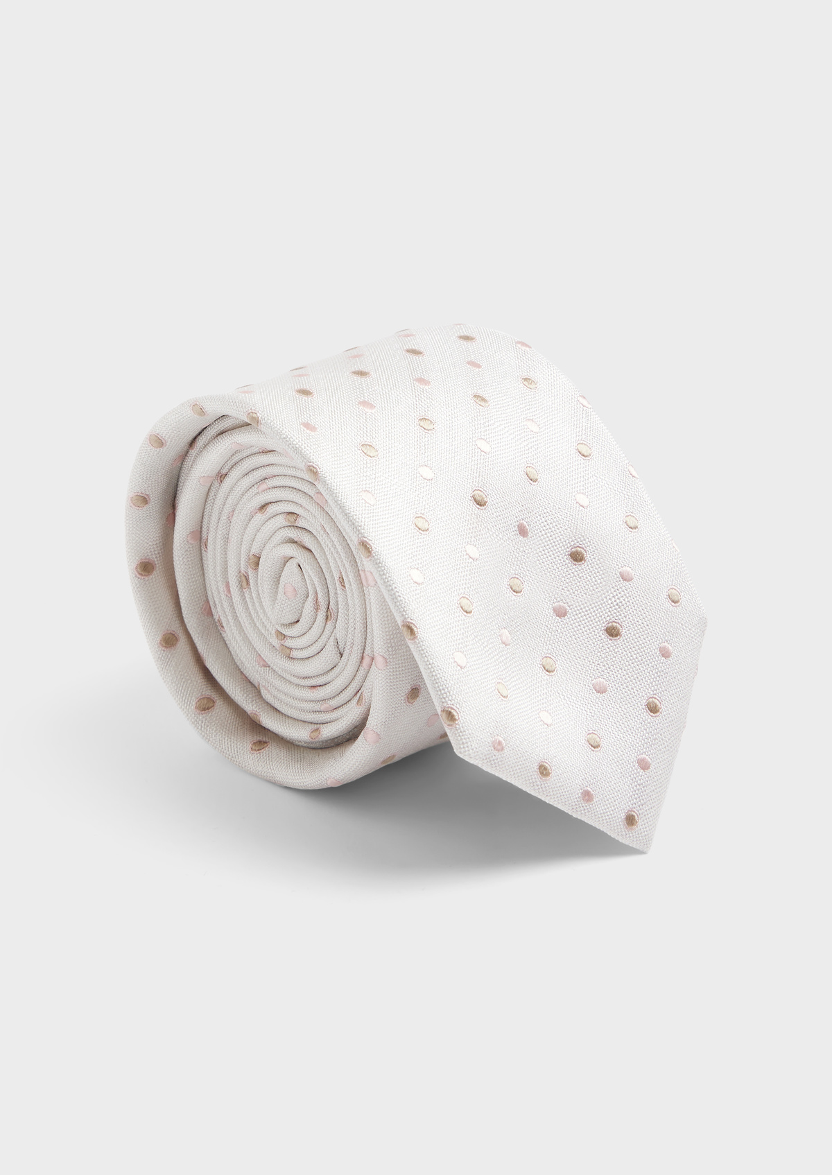 Cravate large en soie écrue à pois rose et beige