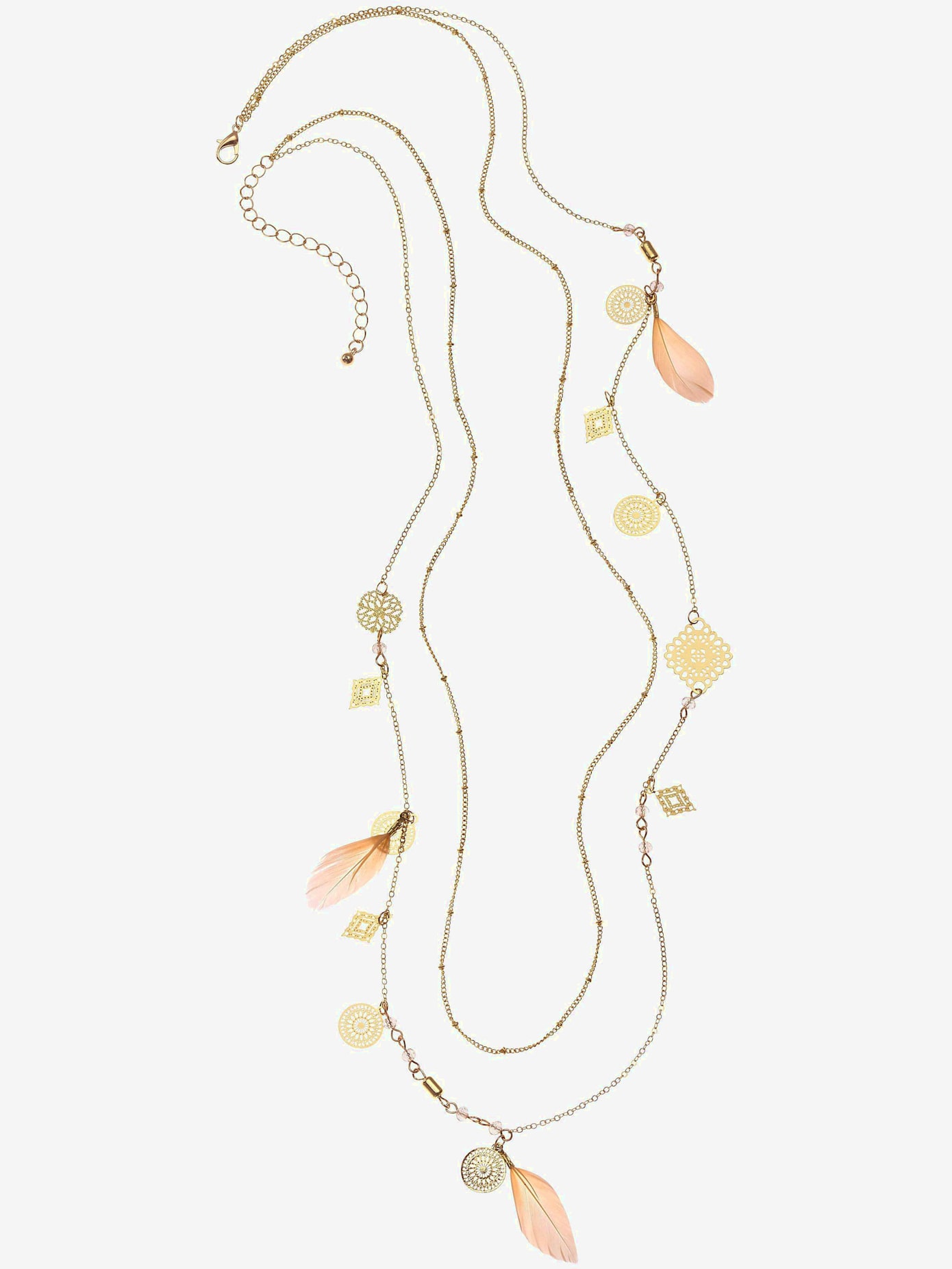 Chaîne longue avec plumes et pendentifs