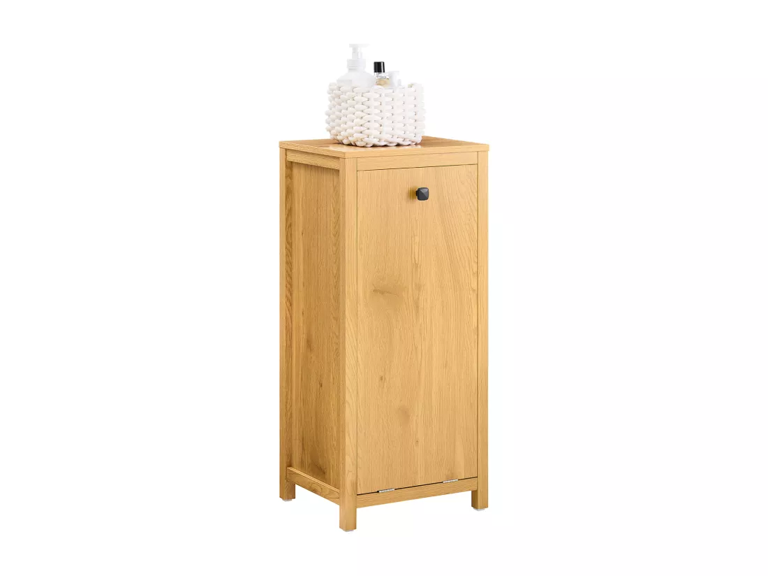 SoBuy Armoire à Linge avec Sac à Linge, Meuble Bas de Salle de Bain, Commode pour Salle de Bain, Coffre à Linge, Porte Vêtement avec 1 Panier à Linge, Naturel Foncé, 40x35x90 cm, BZR96-SN