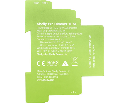Shelly Pro Dimmer 1PM 1-kanaals DIN-rail Smart Dimmer LAN, WLAN, Bluetooth