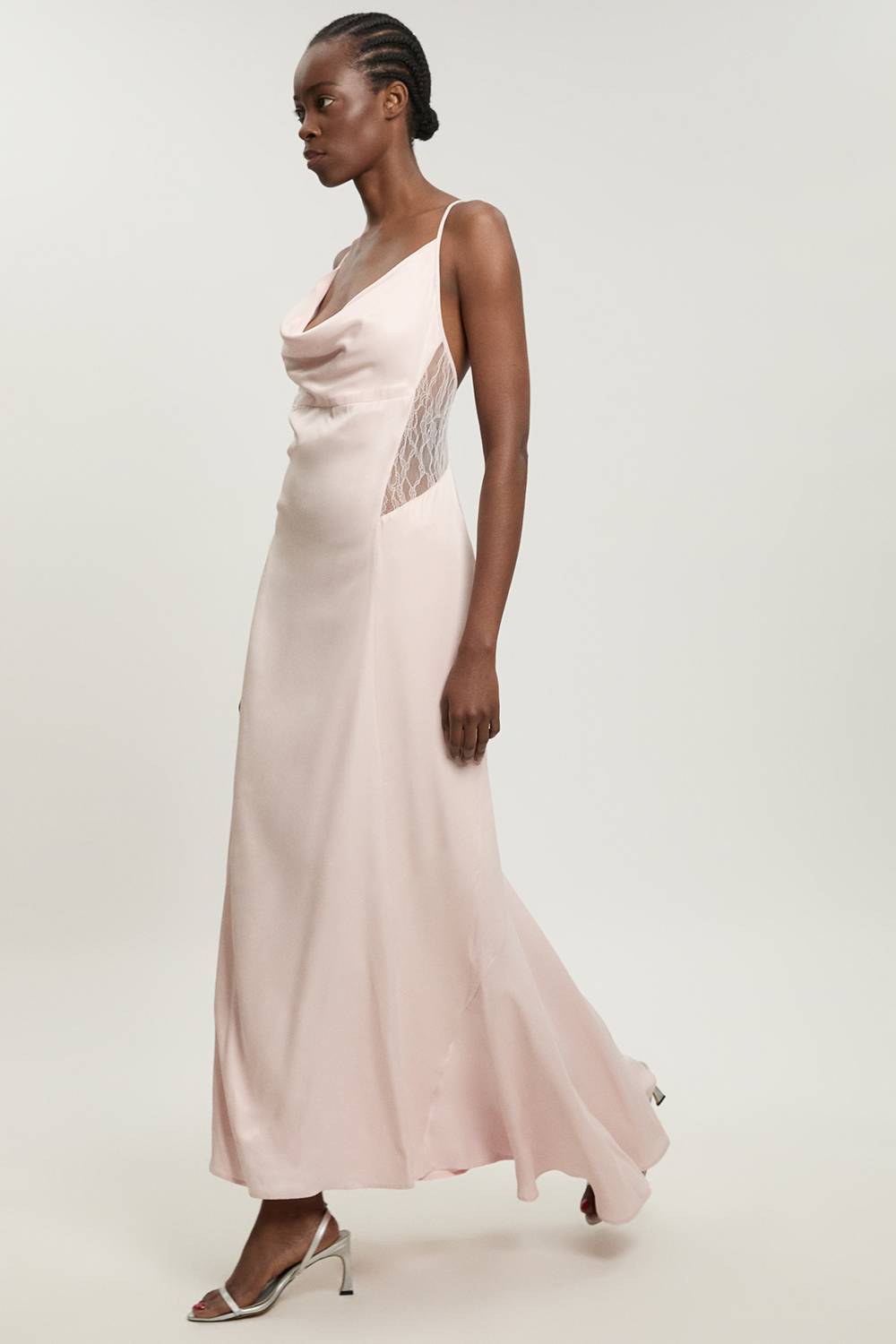 KarenMillen Robe Longue En Viscose Satinée Coupée En Biais Avec Insertions De Dentelle