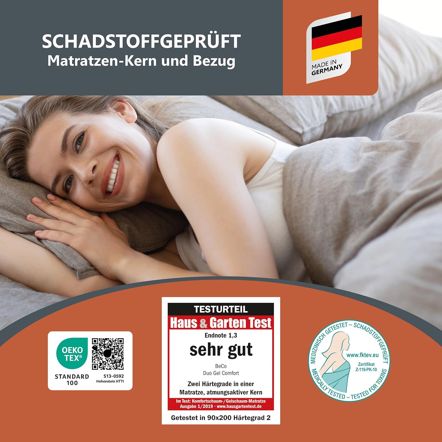 BeCo Matratze 90x200 cm Duo Gel Comfort Komfortschaummatratze H3, Oeko-TEX Standard 100, Testsieger in Haus & Garten: SEHR GUT 1,3 (Heft 01/2019), Made in Germany, 100 Nächte Testschlafen
