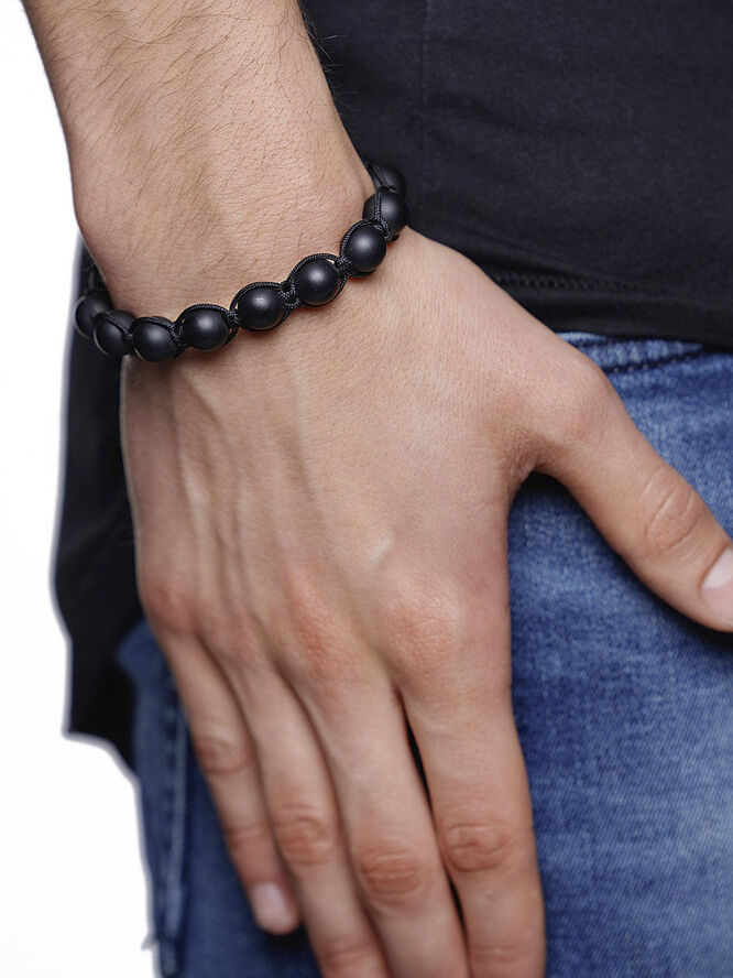 Nialaya Men's Beaded Bracelet with Stainless Steel and Matte Onyx Black
