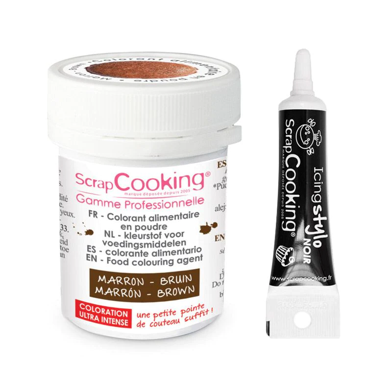 Colorant alimentaire en poudre marron + Stylo glaçage noir Scrapcookin
