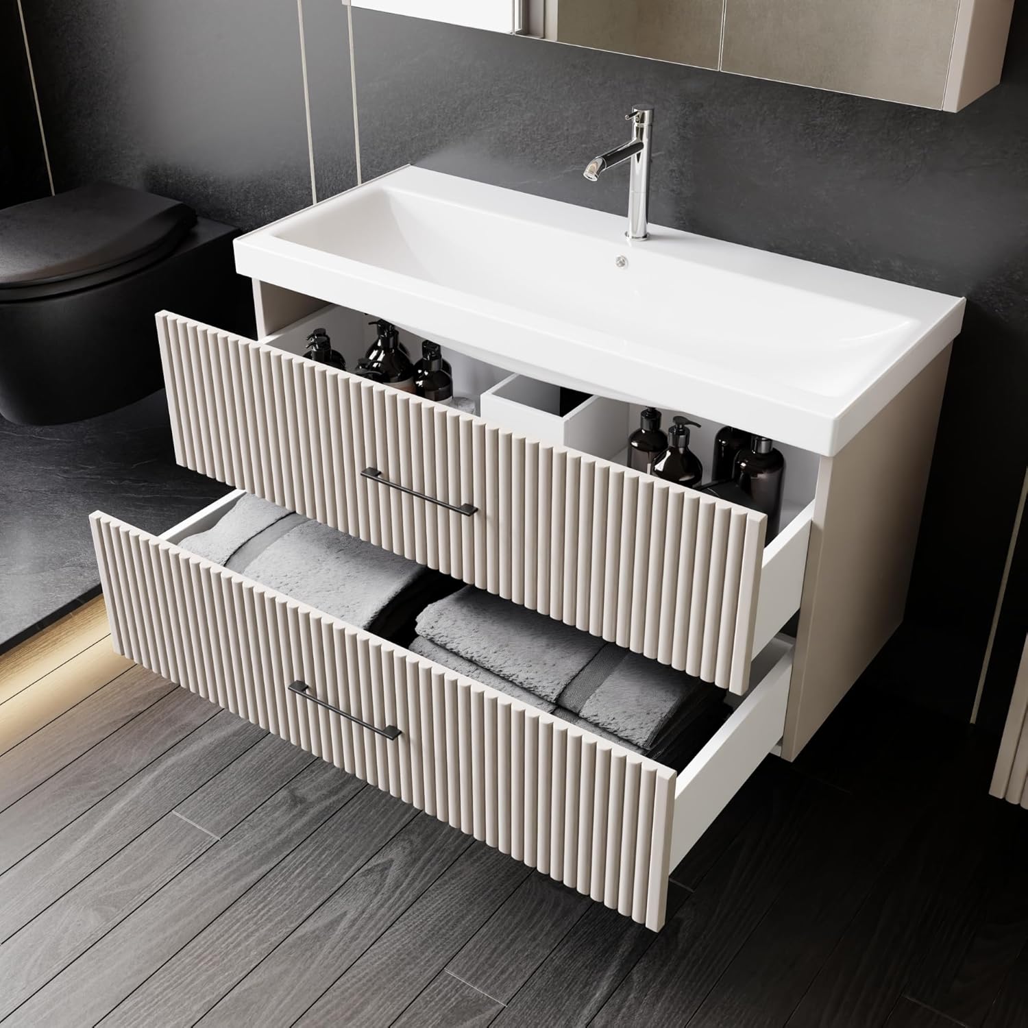 Badmöbel Set Liana 100 | Keramikwaschbecken | Unterschrank | Spiegelschrank | Softclose-Schubladen & -Türen | Riffeloptik & Bügelgriffe | Eleganter Stil | Badmöbel | Waschtisch mit Unterschrank 100 cm