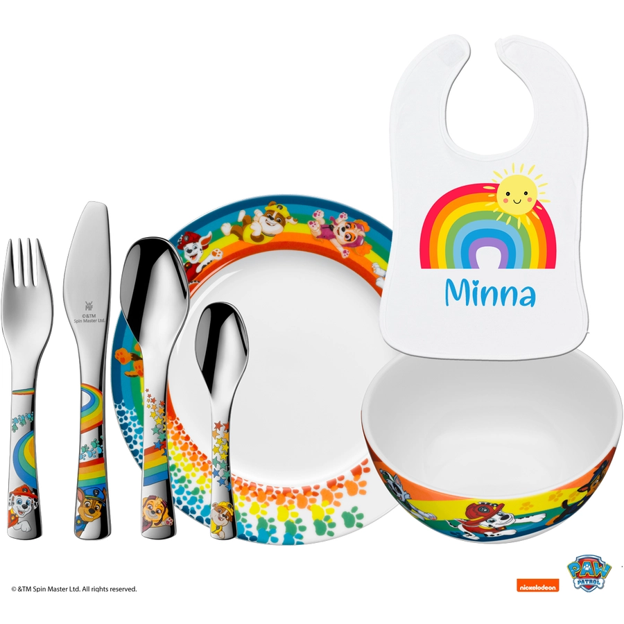 Schnullireich Geschenkset mit Namen Paw Patrol: WMF Kinderbesteck + TellerSchale+ Lätzchen Silber