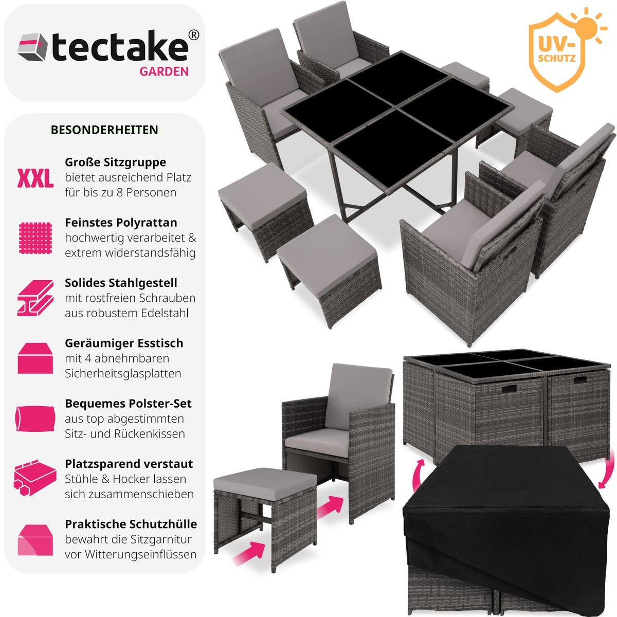 tectake Bilbao rotan zitgroep voor 4 tot 8 personen, inklapbaar, inclusief beschermhoes