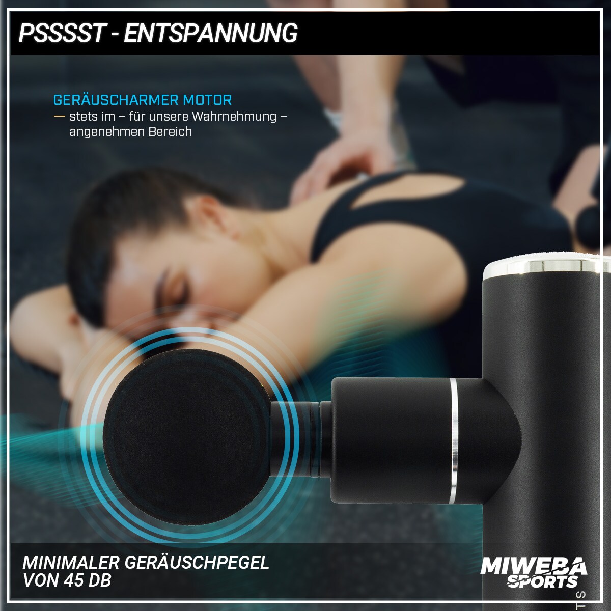 Miweba Sports Mini-Massagepistole MM10, Massage-Gun 2500 mAh, Faszien-Muskelmassage mit 4 Aufsätzen (Schwarz)