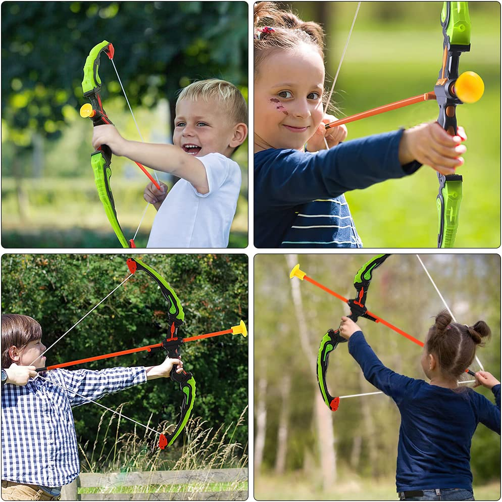 (6-tlg. Set) LED Kinder Bogen Schiessen Spielzeug inkl. Zielscheibe / Pfeilhalter (Batteriebetrieben) - Bunt