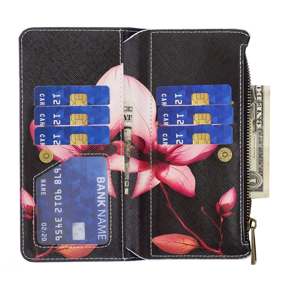 Samsung Galaxy S23 Ultra 5G Leder Wallet Etui Tasche mit 9 Kartenfächern   Münzfach - Pinke Blumen