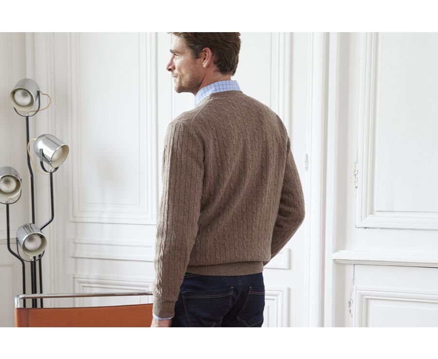 Pull homme col rond laine motifs torsades Marron Chiné - CONTOR