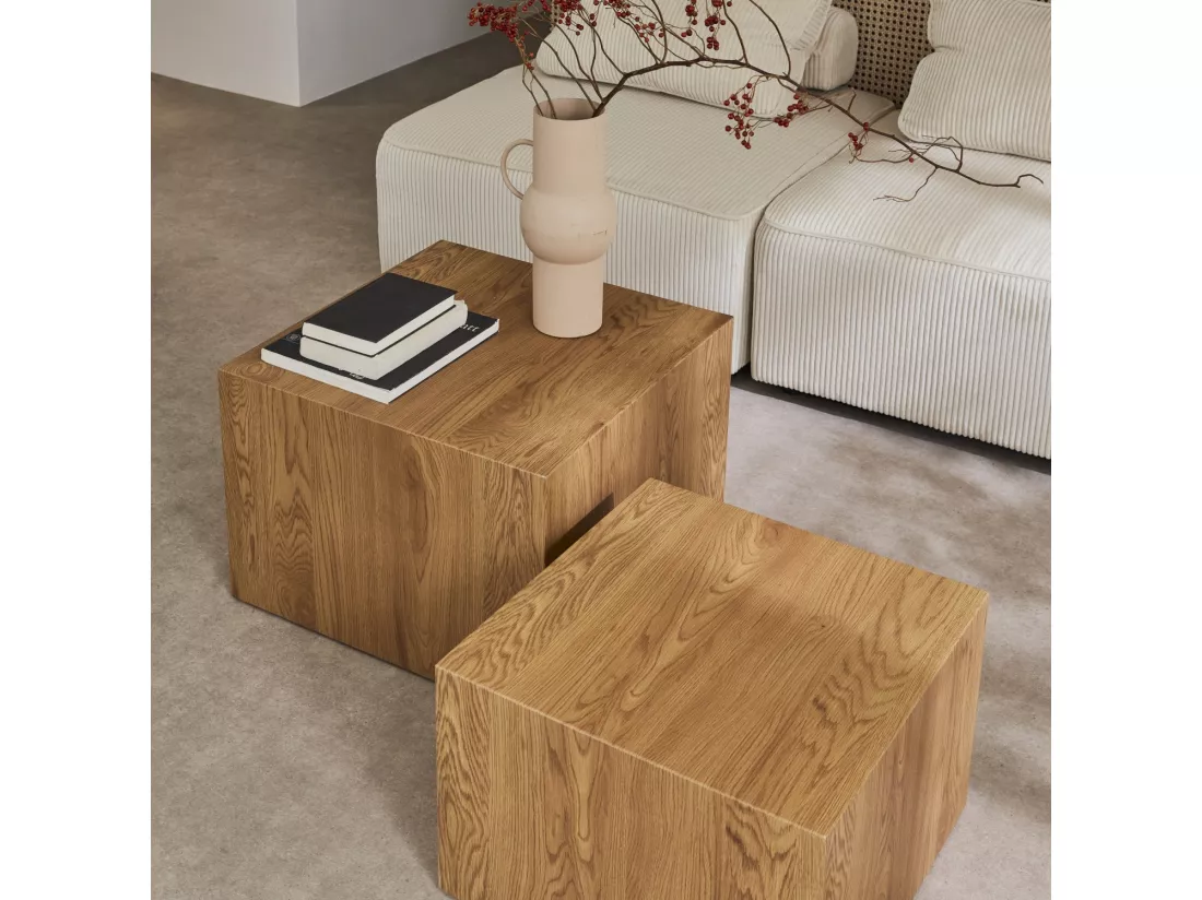 Lot de 2 tables basses carrées effet frêne SYLVA L 58 x l 58 x H 40cm / L 50 x l 50 x H 33cm