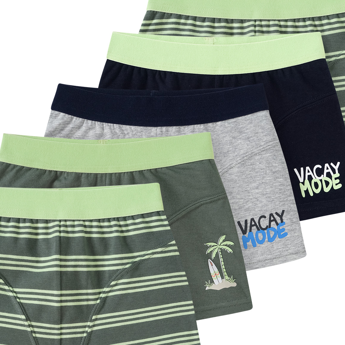 Famy 5 Jungen Boxer in verschiedenen Dessins dunkeloliv / grau / dunkelblau