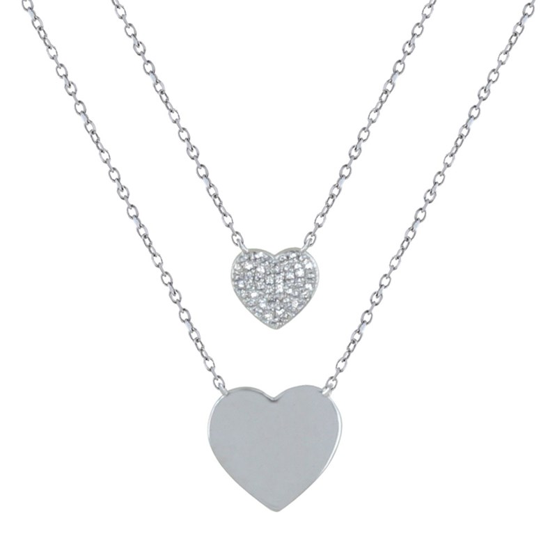 Collier Double Chaine Argent Rhodié Coeur de Strass et Coeur Gravé Je T'Aime