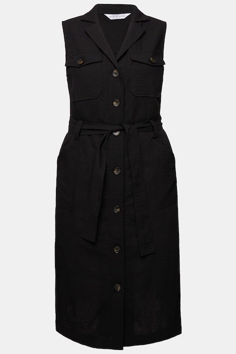 Utility-Midikleid, ärmellos, Leinenmix, Bindegürtel, Revers, Knopfleiste