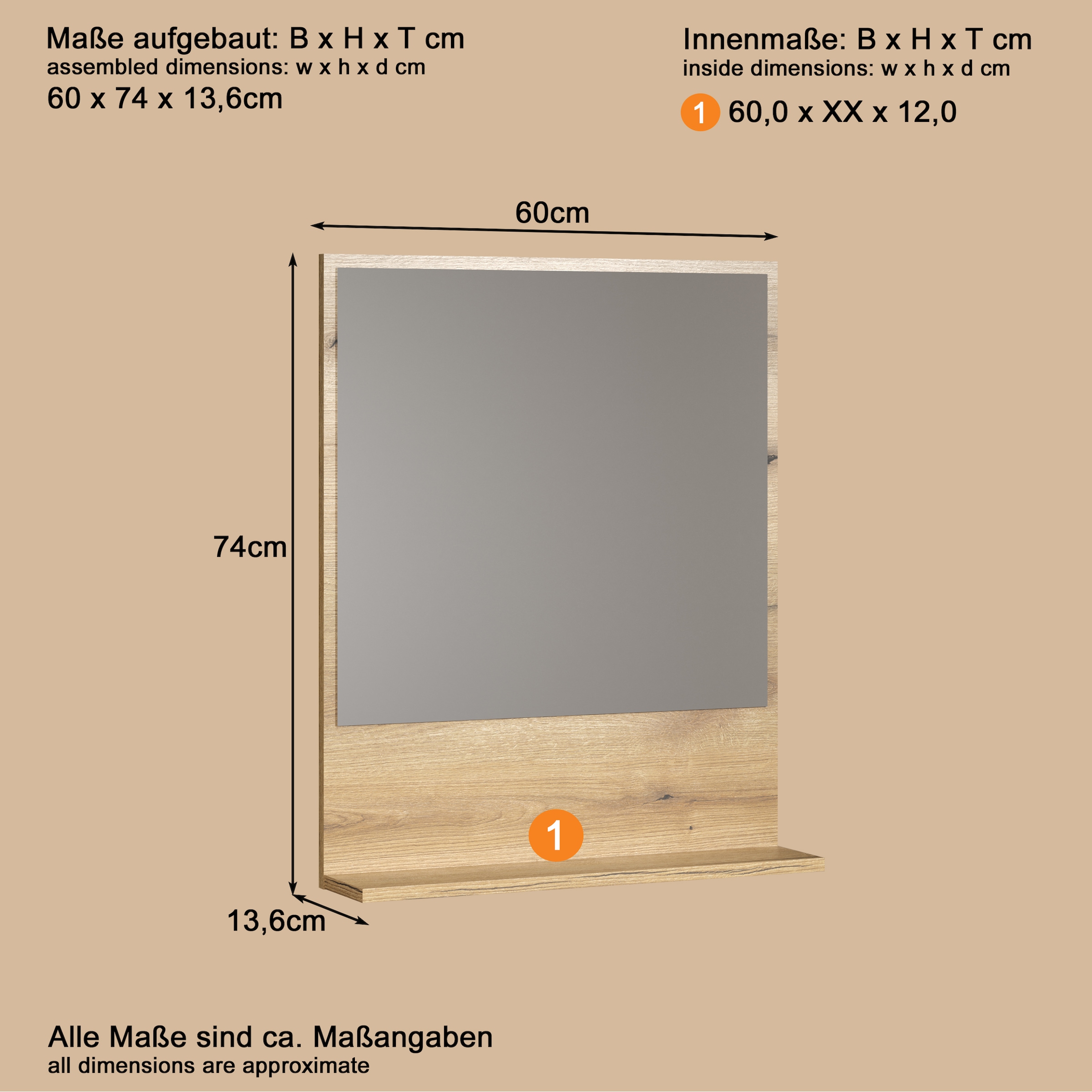 welltime Badspiegel »Amrum« Eleganter Badezimmerspiegel mit Ablage - Masse (B/T/H) 60-80/14/74 cm