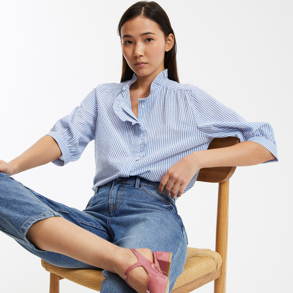 COLEÇÃO LA REDOUTE<br>Blusa listrada de algodão, gola vitoriana, mangas até o cotovelo