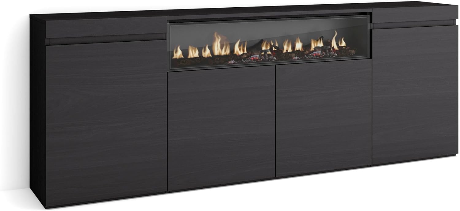 Skraut Home | Sideboard, Highboard | Kommode, Komodenschrank | 200x75x35cm | 4 Türen | Elektrokamin. Maße | Moderner Stil | Schwarz