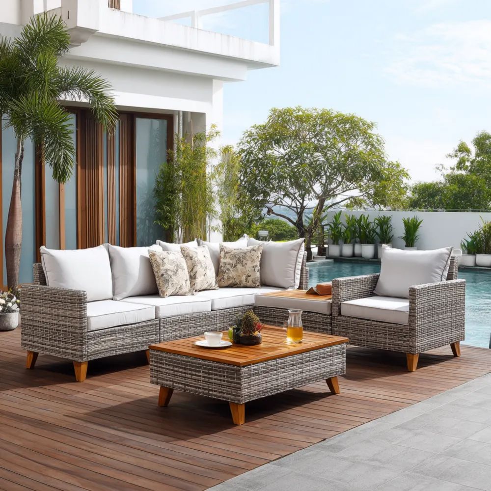Garten-Sofaset Rattan 4-Sitzer mit Tisch – Grau – Modernes Design 220x80 cm