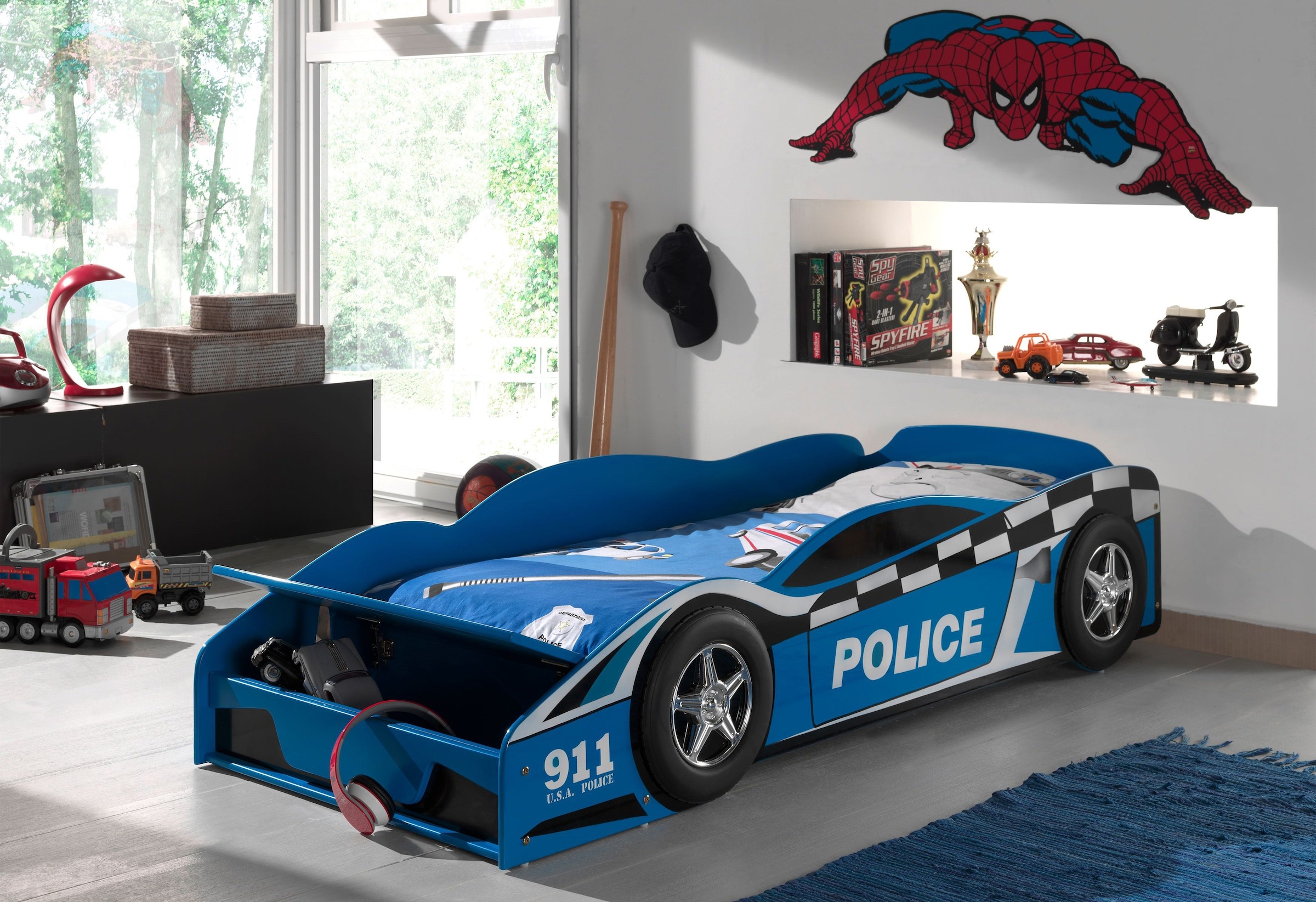 Vipack Autobett »Police, inkl. Stauraum vorne, mit Lattenrost, MDF lackiert« B/H/T ca. 175x48x78cm, seitliche Räder sind geststehend,  ein Highlight im Kinderzimmer