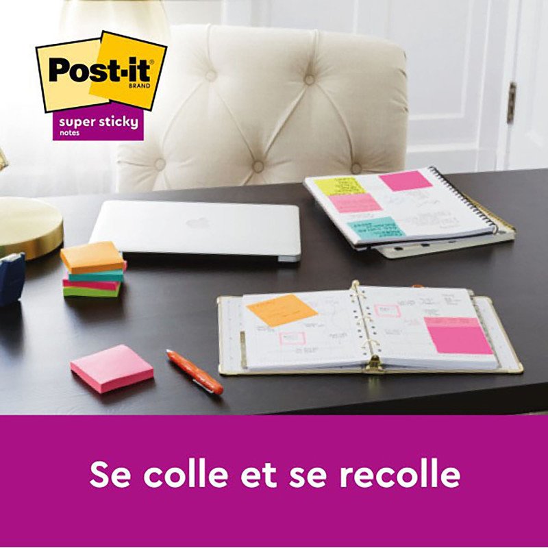 Notes repositionnables Super Sticky couleurs assorties Post-it 76 x 76 mm - bloc de 90 feuilles