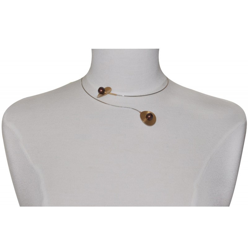 Collier Ras de Cou Argent 2 Nénuphars Vermeil Perle Cuivrée