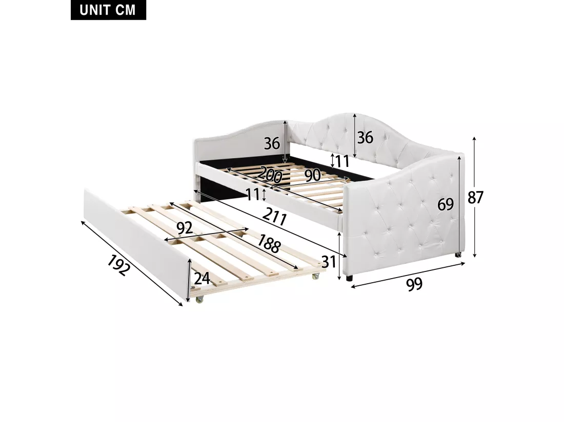 Lit banquette 90x200cm + lit gigogne 90x190cm - capitonné en tissu lin - Beige (matelas non inclus)