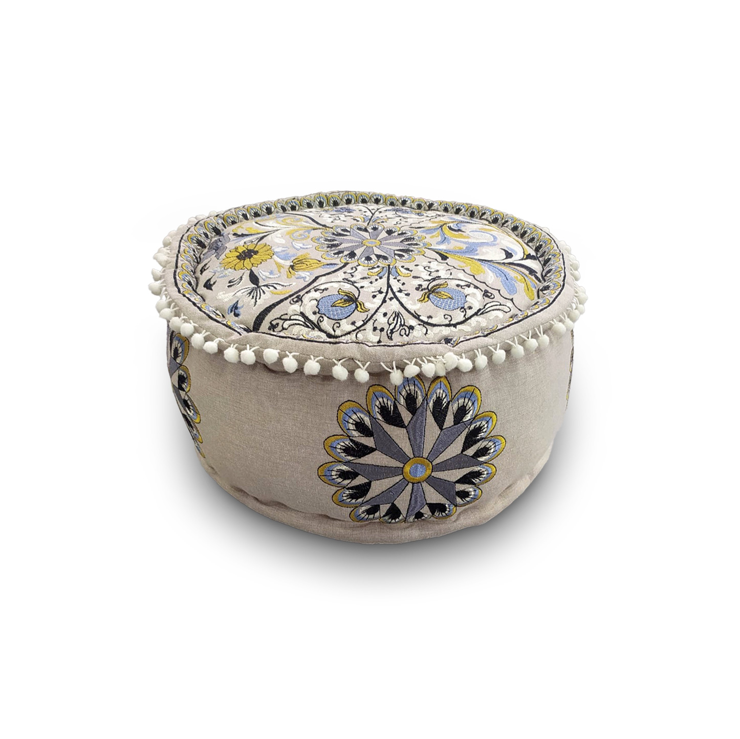 Pouf 'Blumen und Ranken', beige mit Stickereien, Ø 42 cm, H 20 cm von fischer's lagerhaus