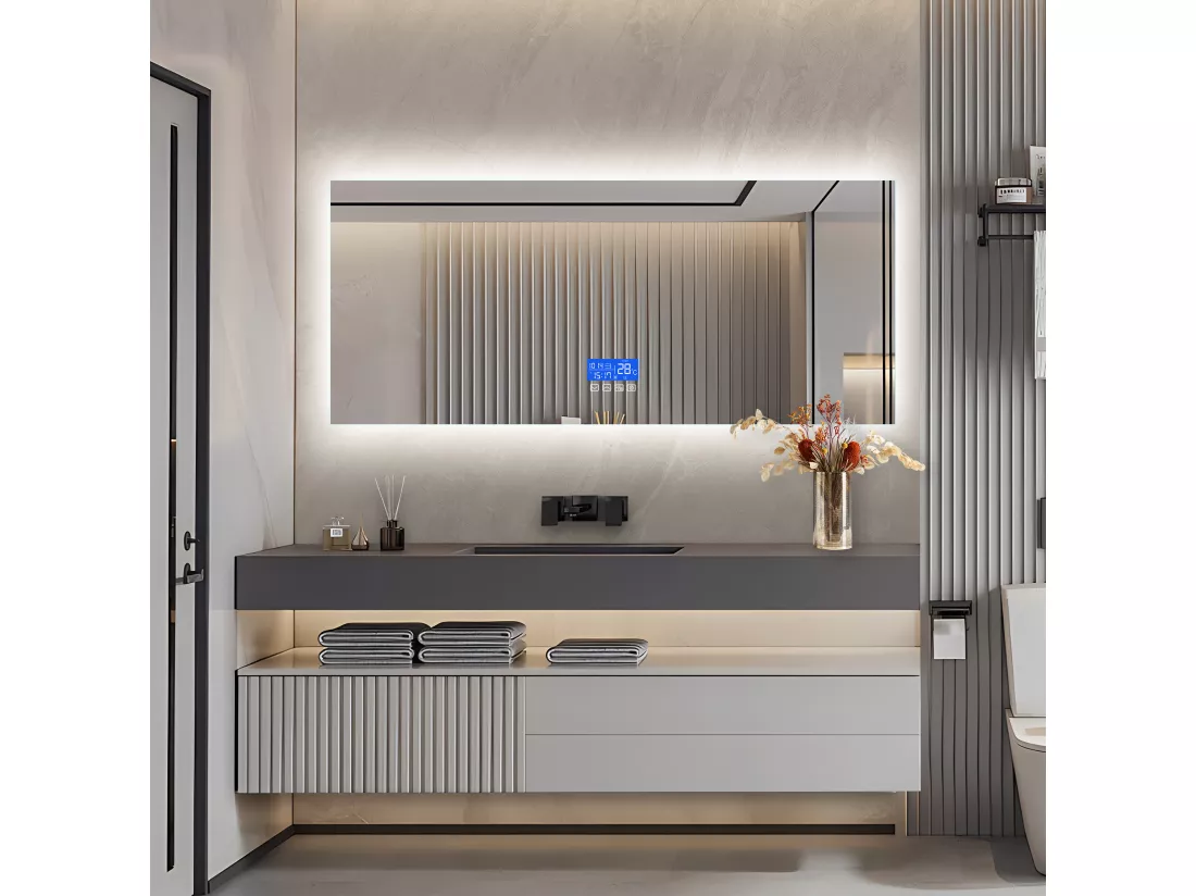 Miroir lumineux de salle de bain carré 60x140 cm, avec affichage de la température, fonction désembuage, trois niveaux de réglage de la luminosité, interrupteur tactile