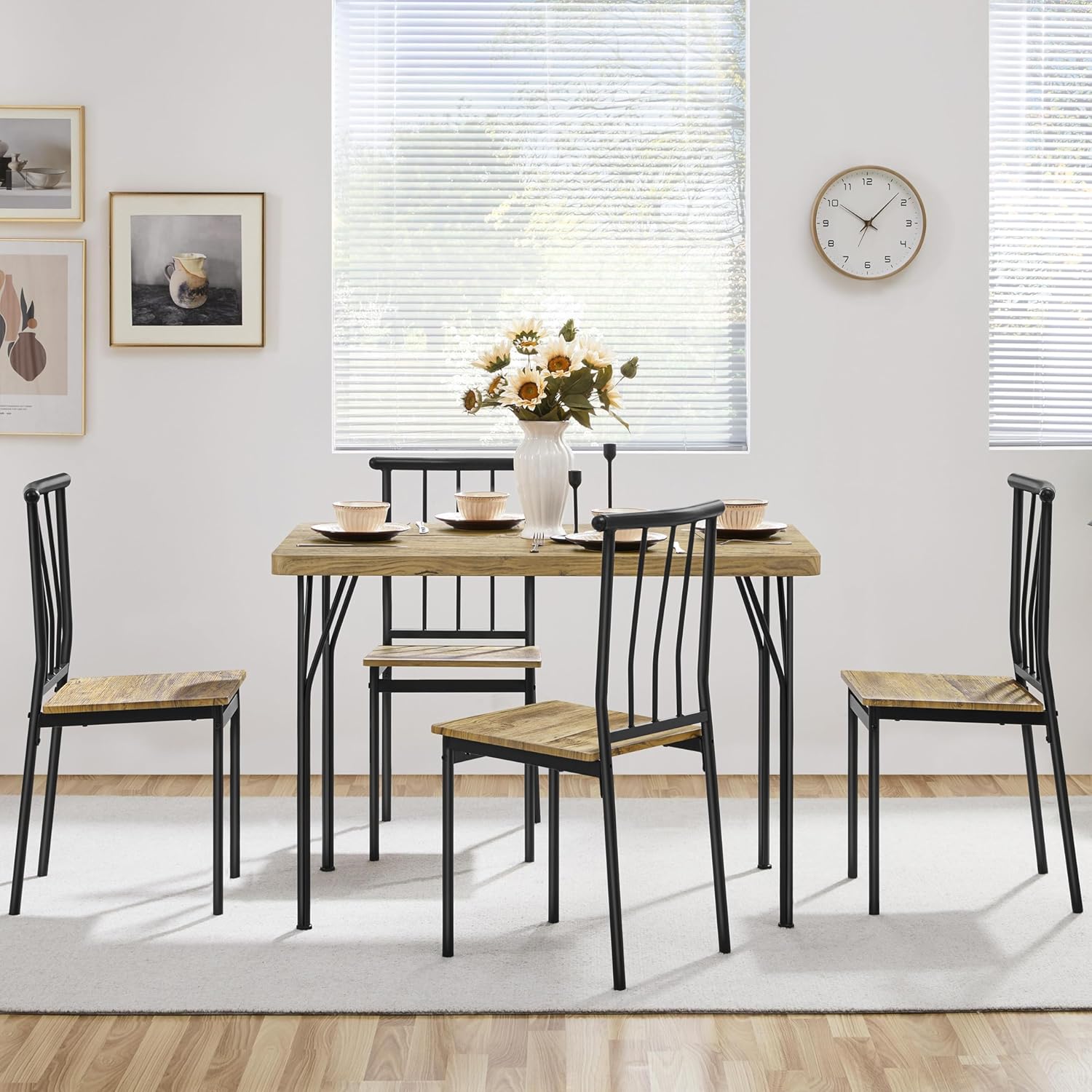 Yaheetech Essgruppen Esstisch mit 4 Stühlen, Esszimmergruppe Rechteckig Küchentisch-Set mit 4cm Dicker Tischplatte, 5er-Set Tischgruppe für 4 Personen Sitzgruppe für Küchentisch-Set fürs Esszimmer/W