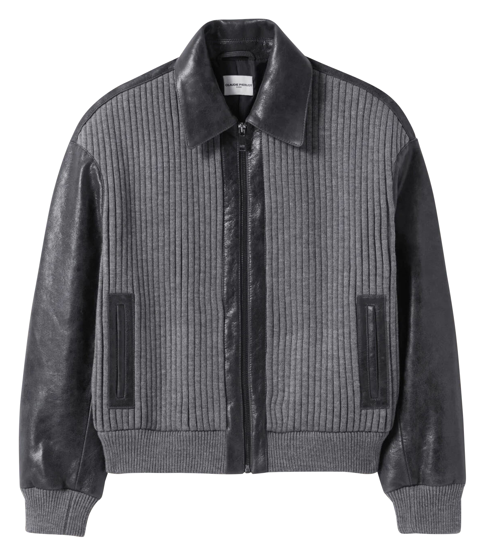 Bomber bi matière en cuir mélangé | Gris