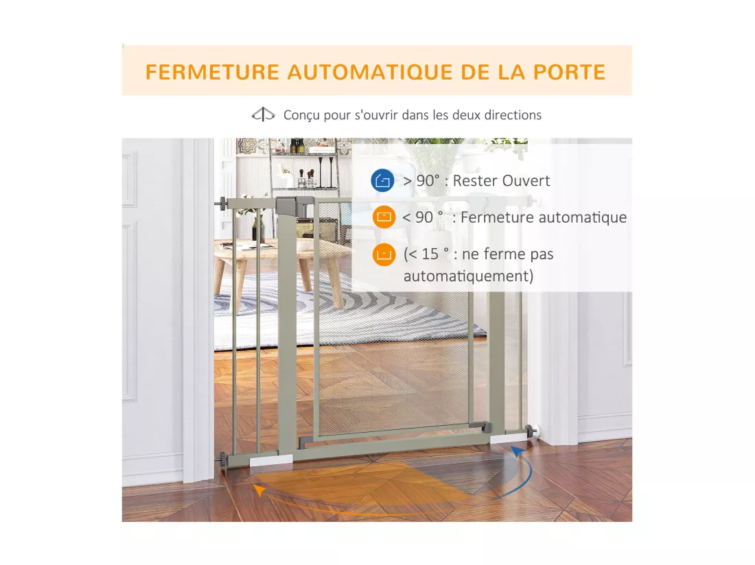 Barrière de sécurité animaux - longueur réglable dim. 75-103 cm - porte double verrouillage, ouverture double sens -sans perçage - acier ABS gris