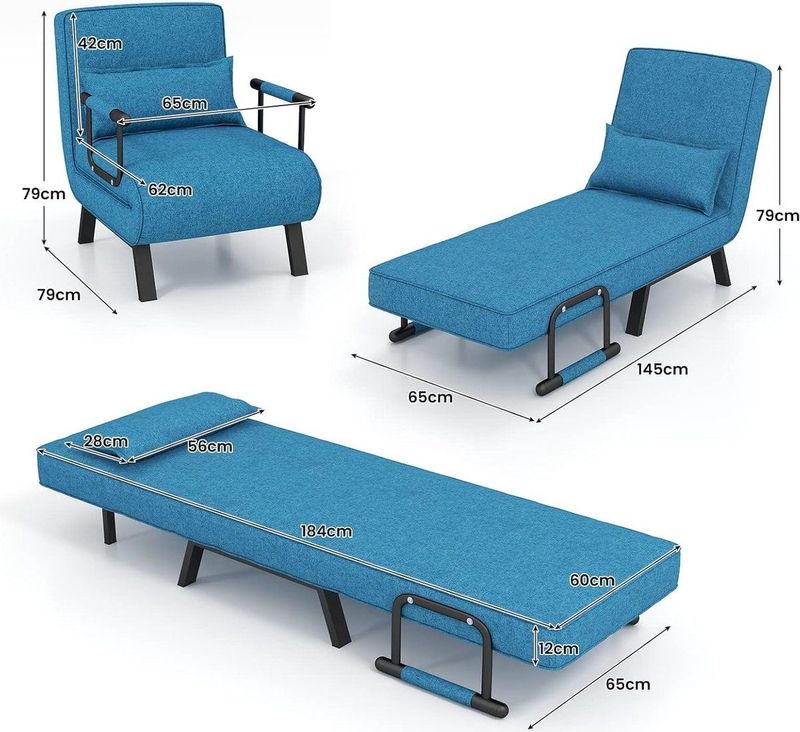 COSTWAY - Slaapbank - Blauw - 4-in-1 - Inklapbaar - Verstelbare Rugleuning - Belastbaar tot 150 kg