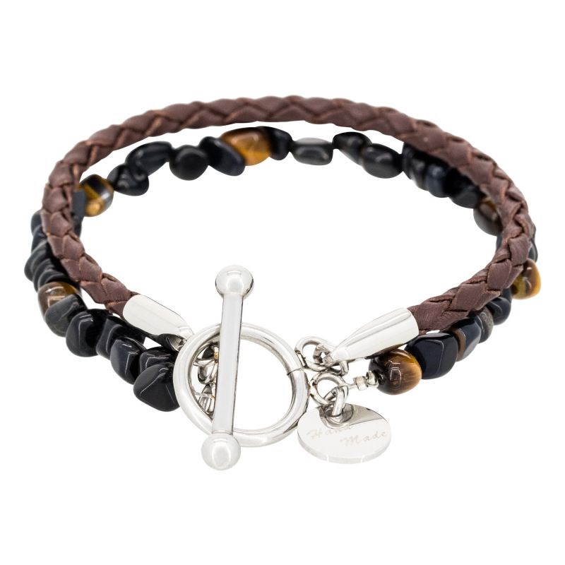 Bracelet Homme double tour cuir oeils de tigre marron 