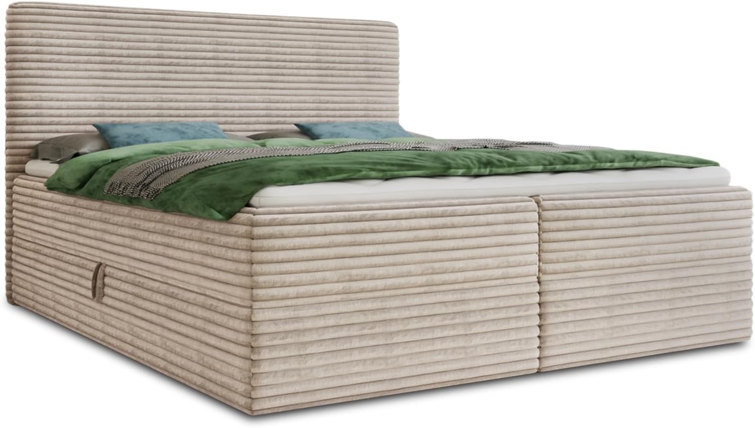 Boxspringbett Mollo mit 2 Bettkästen, Doppelbett mit Bonell-Matratze und Topper, Polsterbett in weichem Cordstoff, Bett, Bettgestell für Schlafzimmer (Beige (Tilia 03), 180 x 200 cm)