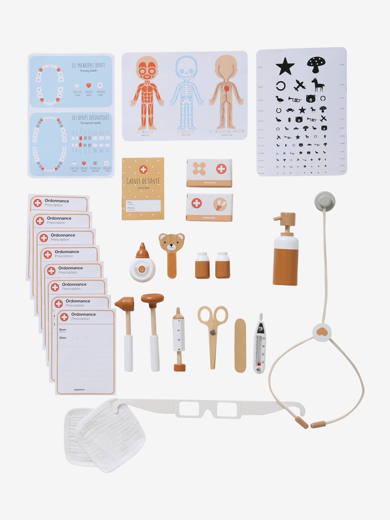 Consultório pediátrico em madeira certificada FSC®, branco claro, lisa com motivos decorativos.