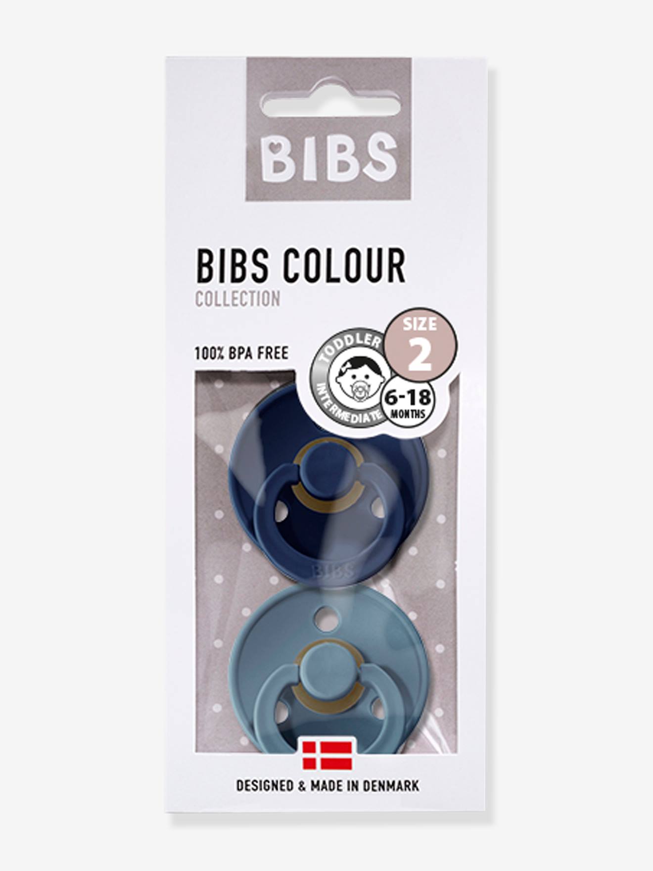 Pacote com 2 bicos BIBS Colour, tamanho 2 para bebês de 6 a 18 meses, azul escuro bicolor/multicolorido.