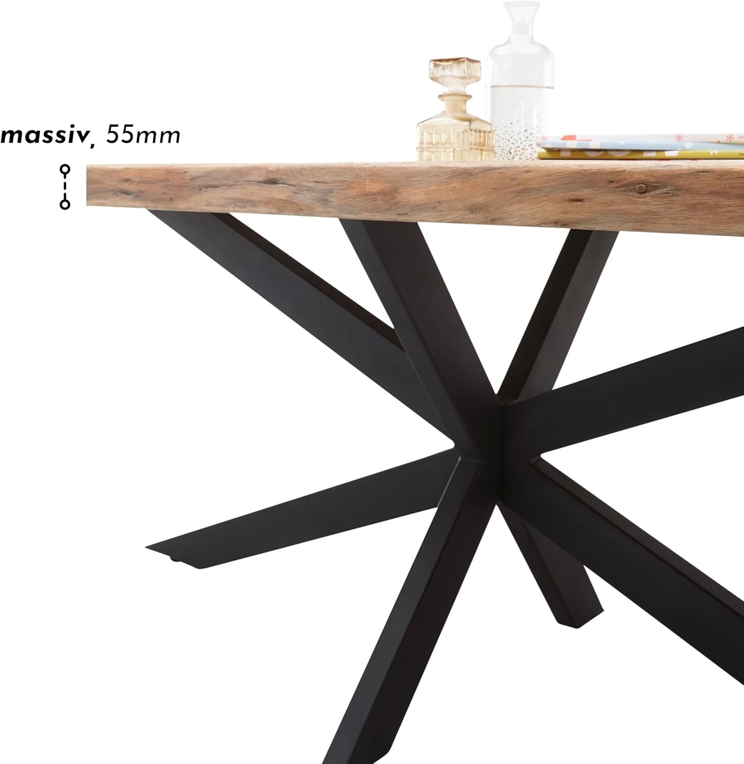 JARO Esstisch Massivholz Akazie - Hochwertiger Esszimmertisch mit sternförmigem Metallgestell für Ihr Esszimmer - 200 x 76,5 x 100 cm (B/H/T)