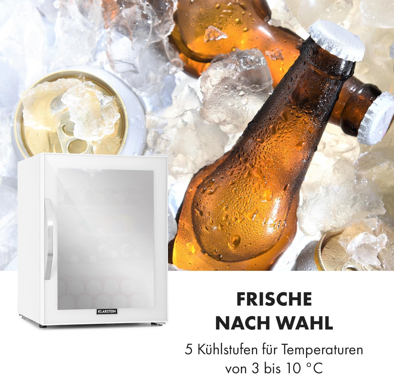 Klarstein Mini Kühlschrank mit Glastür, für Zimmer, Getränkekühlschrank mit Verstellbaren Ablagen, Kleiner Kühlschrank mit Wellenform-Racks, 60 Liter Leise