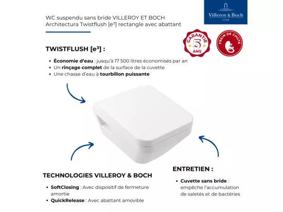 WC suspendu sans bride VILLEROY ET BOCH Architectura Twistflush rectangle avec abattant