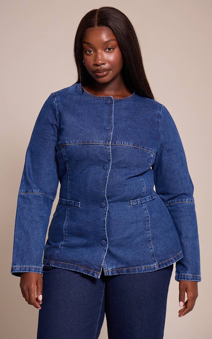 Mid Blue Wash Chemise En Denim Col Rond Plus