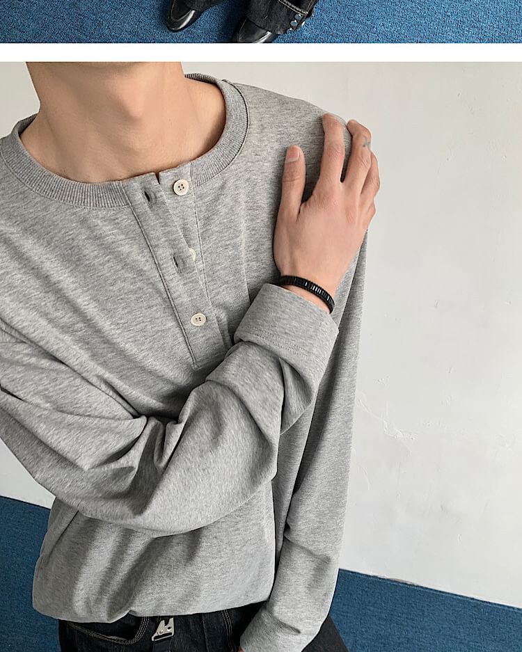 Omozando - Henley-hals T-shirt met lange mouwen en effen imitatieprint, tweedelig